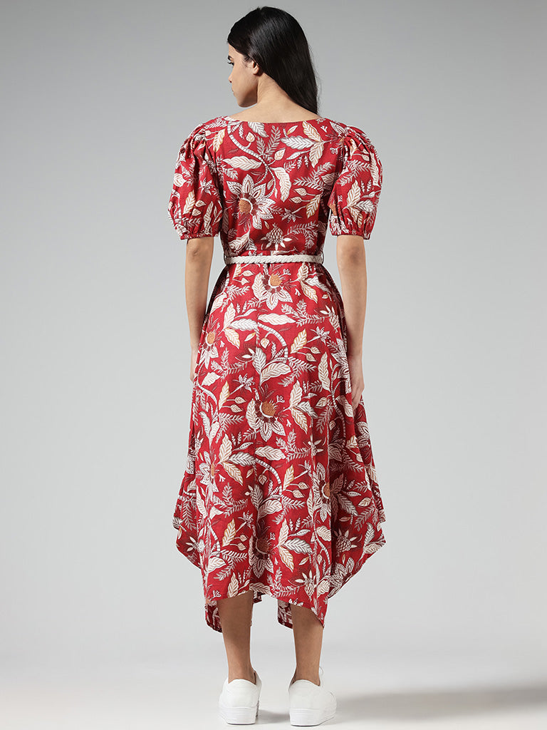 Bombay Paisley Red Floral Printed Cotton Dress with Braided Belt