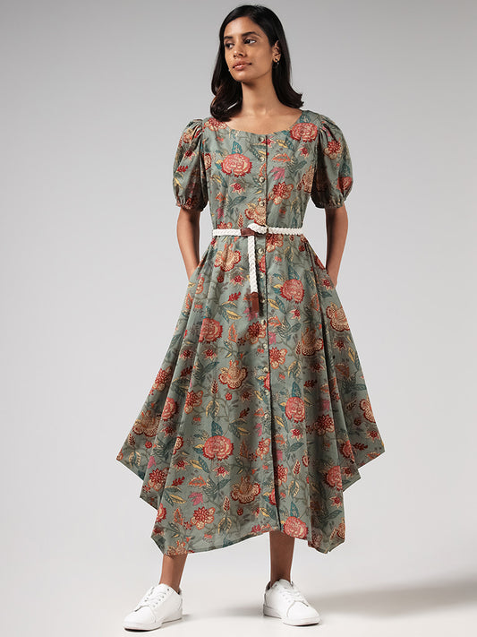 Bombay Paisley Green Floral Cotton Dress and Braided Belt Set