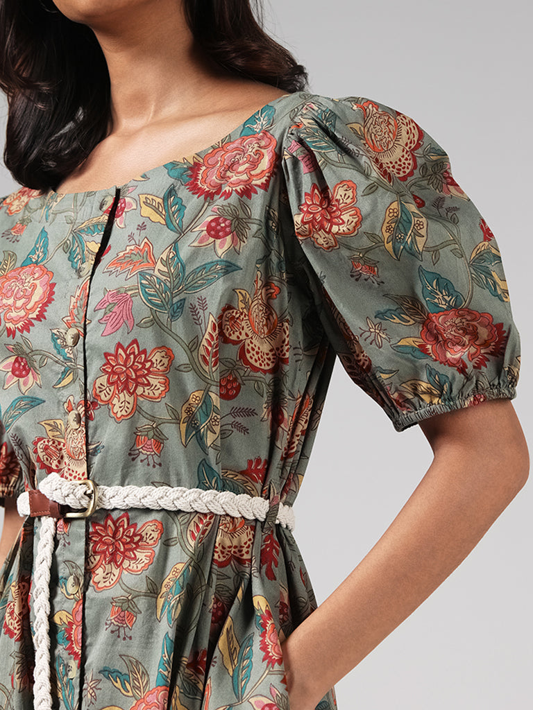 Bombay Paisley Green Floral Cotton Dress and Braided Belt Set