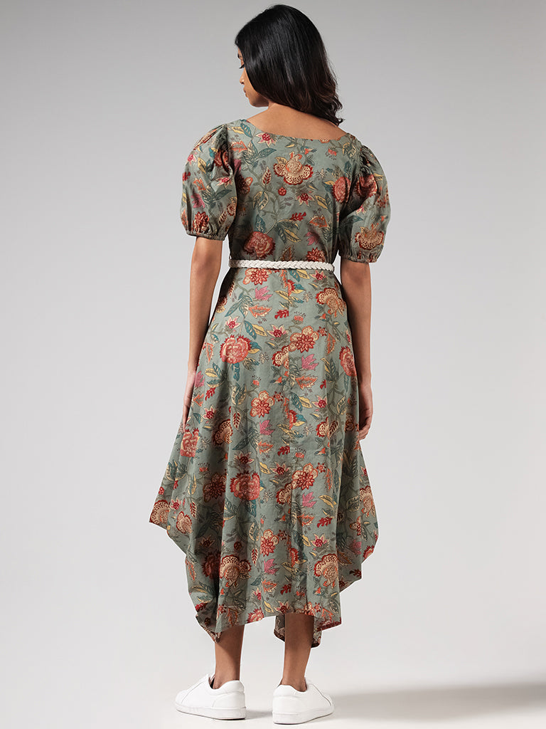 Bombay Paisley Green Floral Cotton Dress and Braided Belt Set