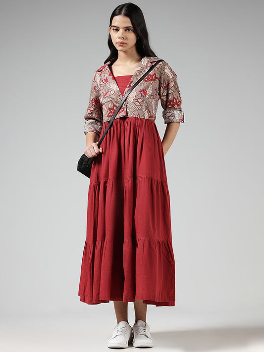 Bombay Paisley Solid Red Tiered Dress and Brown Nature Printed Jacket