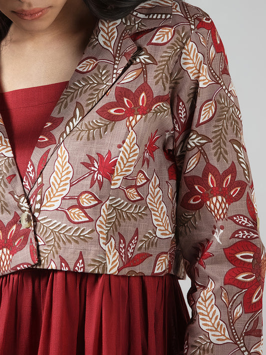 Bombay Paisley Solid Red Tiered Dress and Brown Nature Printed Jacket