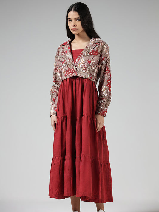 Bombay Paisley Solid Red Tiered Dress and Brown Nature Printed Jacket