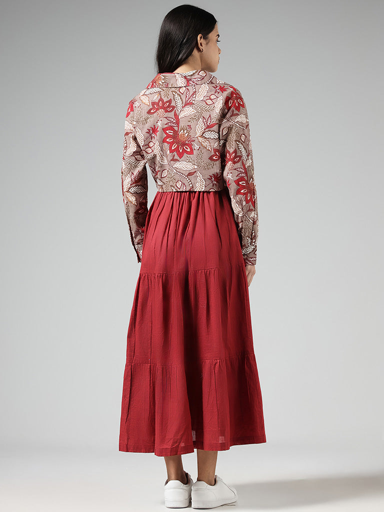 Bombay Paisley Solid Red Tiered Dress and Brown Nature Printed Jacket