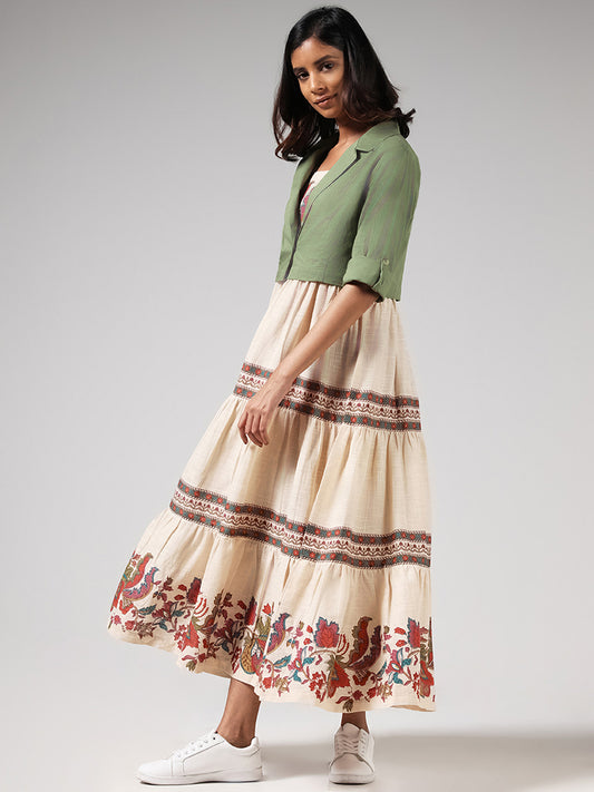 Bombay Paisley Beige Floral Printed Dress and Solid Green Crop Jacket Set