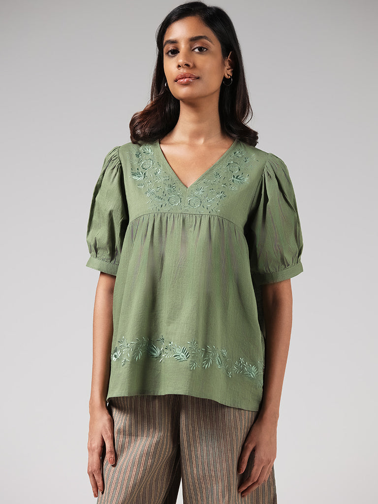 Bombay Paisley Green Floral Embroidered Cotton Top