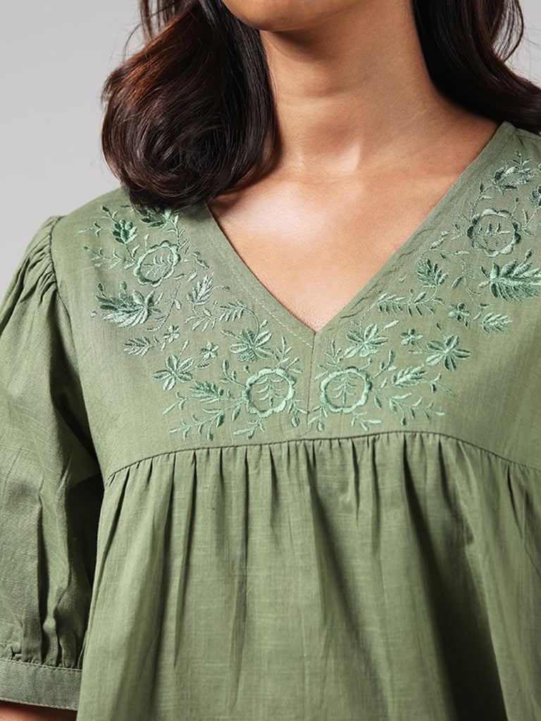 Bombay Paisley Green Floral Embroidered Top