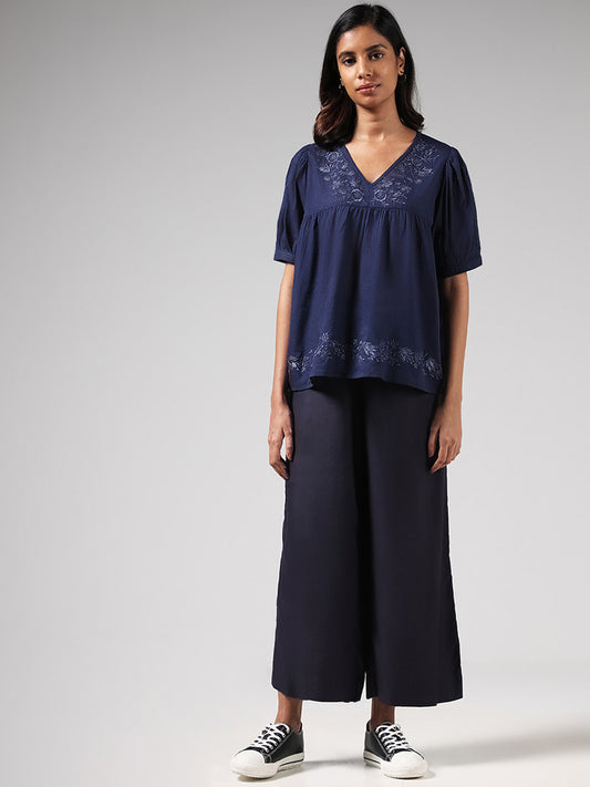 Bombay Paisley Navy Floral Embroidered Top