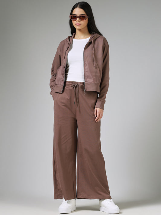 Studiofit Solid Chocolate Brown Wide-Leg Track Pants