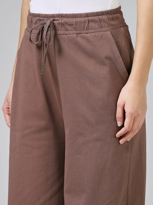 Studiofit Solid Chocolate Brown Wide-Leg Track Pants