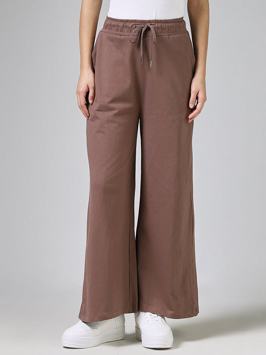 Studiofit Solid Chocolate Brown Wide-Leg Track Pants