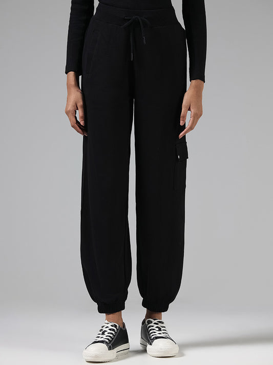 Studiofit Solid Black Relaxed-Fit Mid-Rise Cargo Joggers