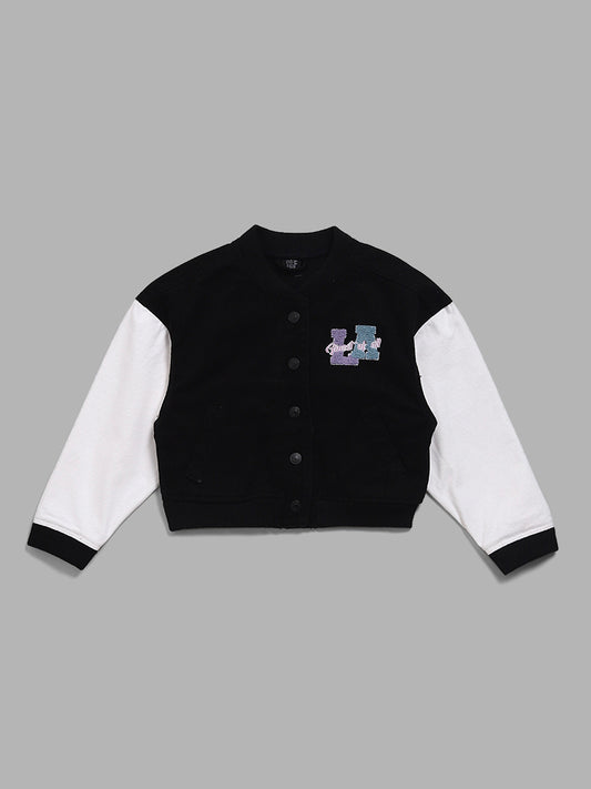 Y&F Kids Black Typographic Embroidered Jacket