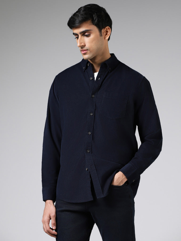 WES Casuals Navy Slim Fit Corduroy Shirt