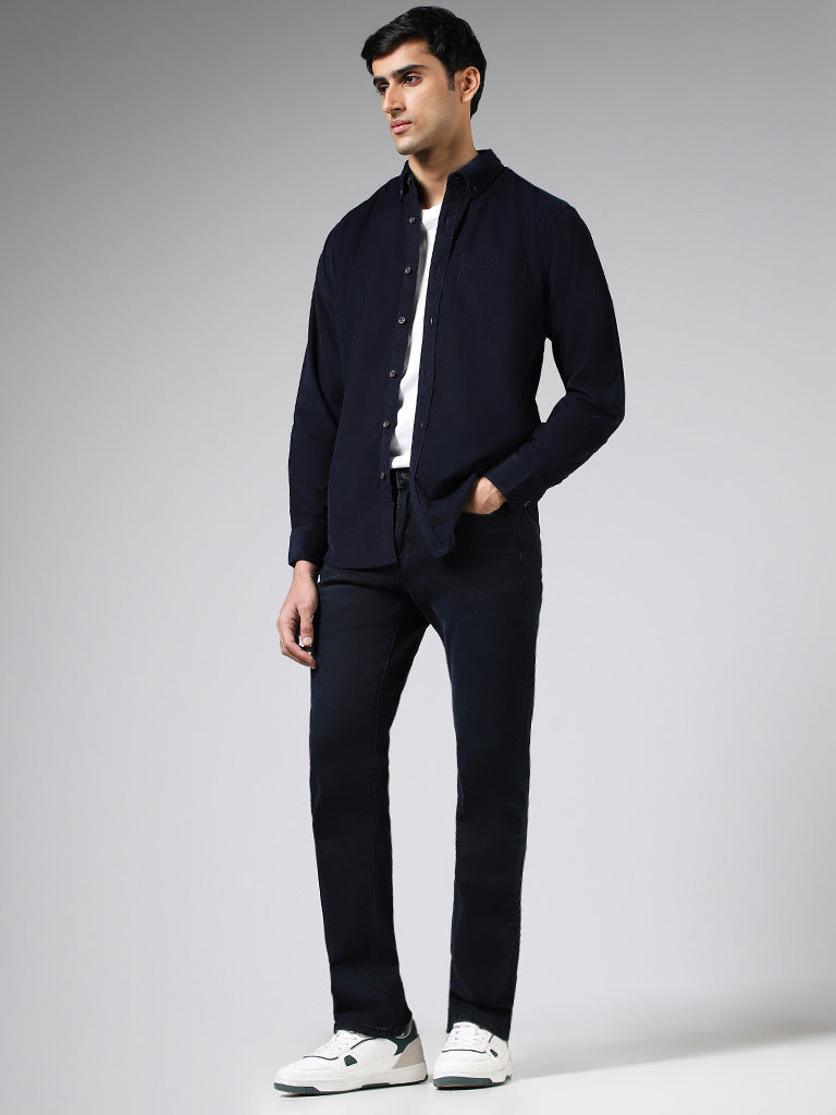 WES Casuals Navy Slim Fit Corduroy Shirt