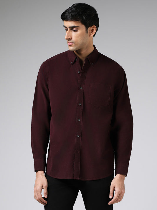 WES Casuals Wine Slim Fit Corduroy Shirt