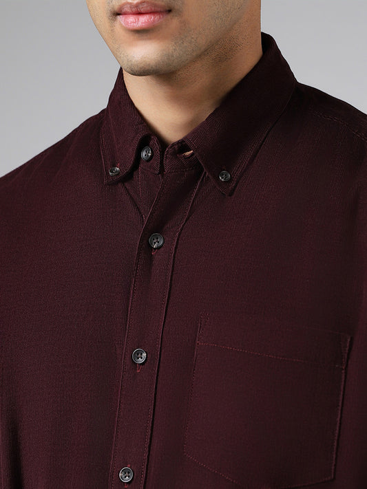 WES Casuals Wine Slim Fit Corduroy Shirt