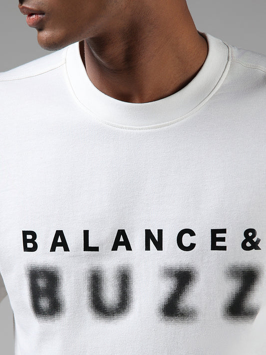 Studiofit Typography Printed White Relaxed Fit T-Shirt