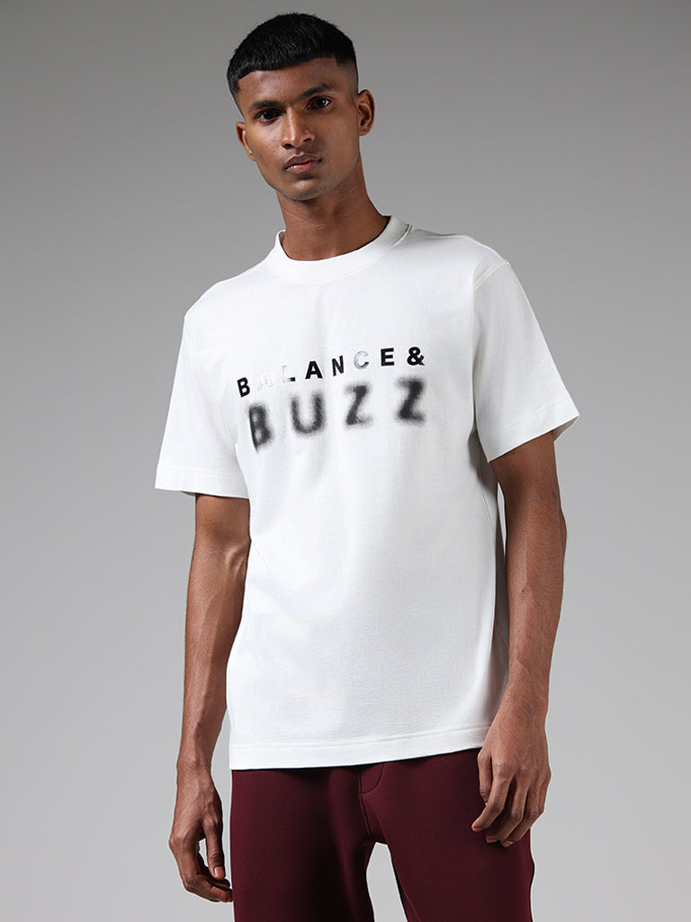 Studiofit Typography Printed White Cotton Relaxed Fit T-Shirt