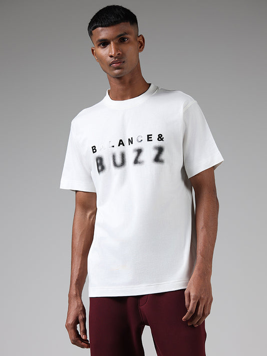 Studiofit Typography Printed White Relaxed Fit T-Shirt