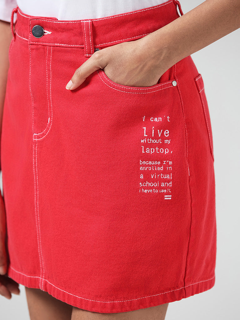Buy Nuon Red Typographic Denim Skirt from Westside