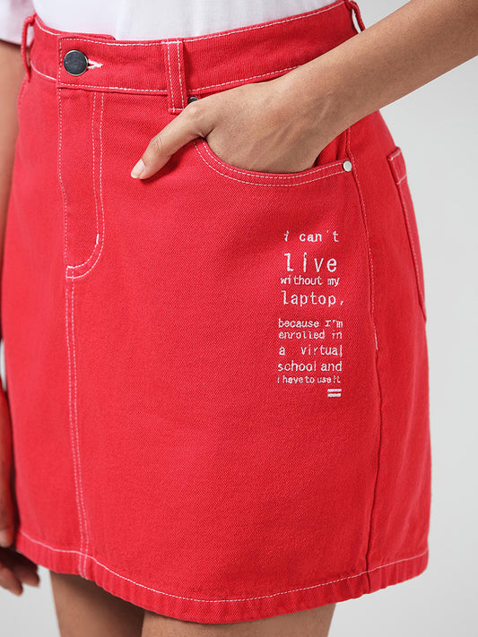 Nuon Red Typographic Denim Skirt