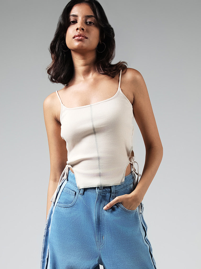 Nuon Solid Beige Cotton Blend Ribbed Crop Top