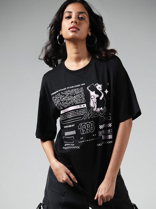 Nuon Black Printed Cotton T-Shirt