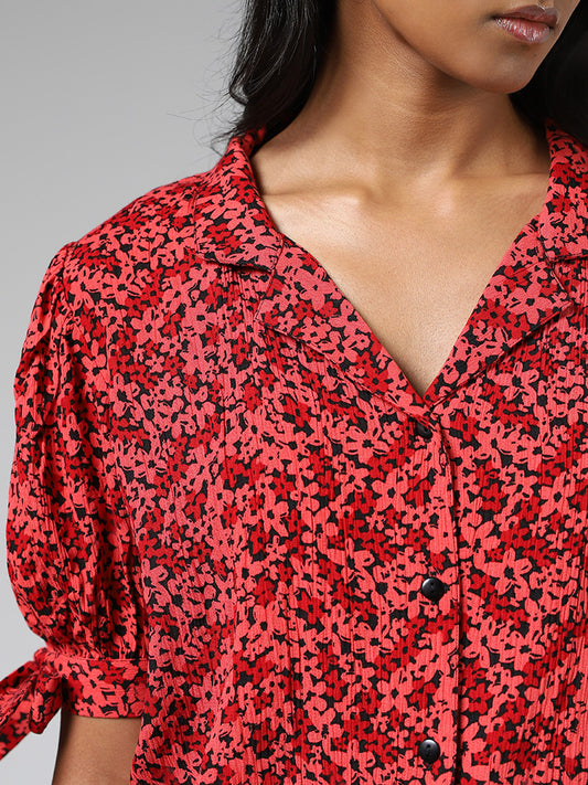 LOV Red Ditsy Floral Printed Tie-Up Shirt