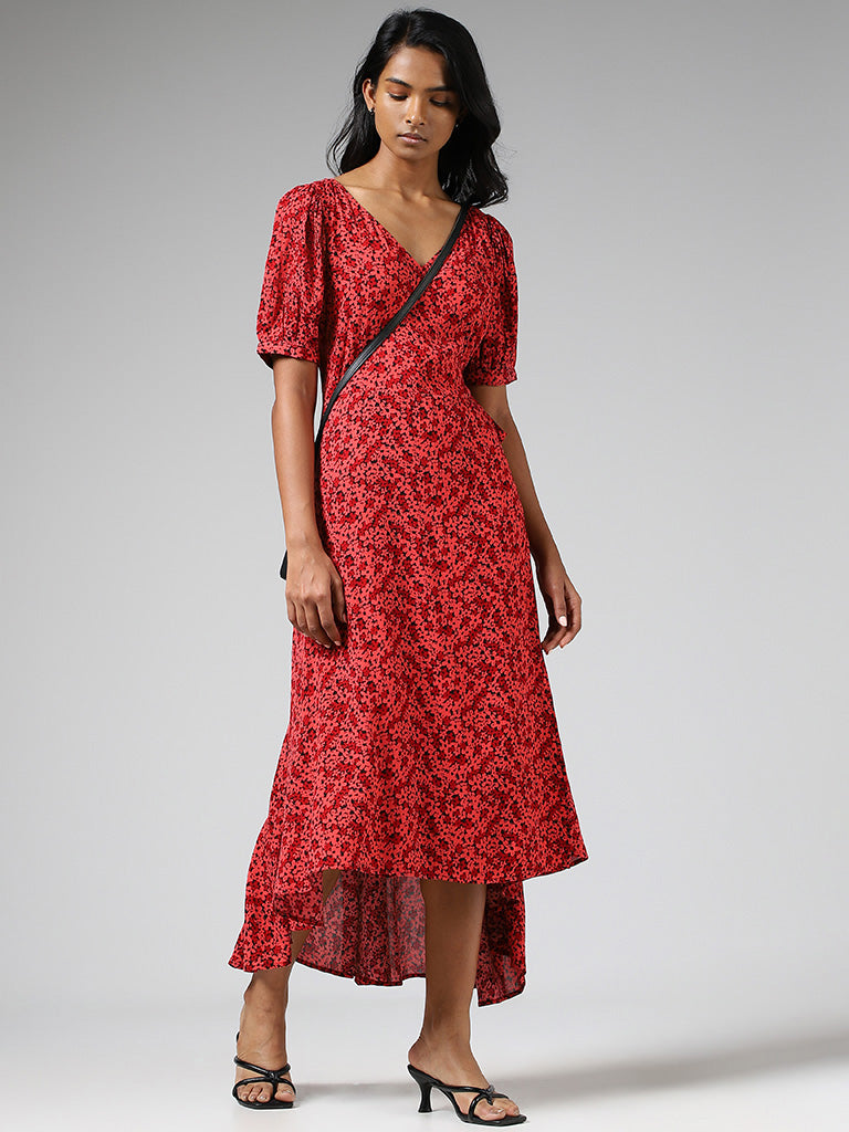 LOV Red Ditsy Floral Printed Tie-Up Dress