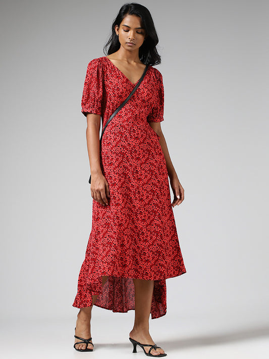 LOV Red Ditsy Floral Printed Tie-Up Dress