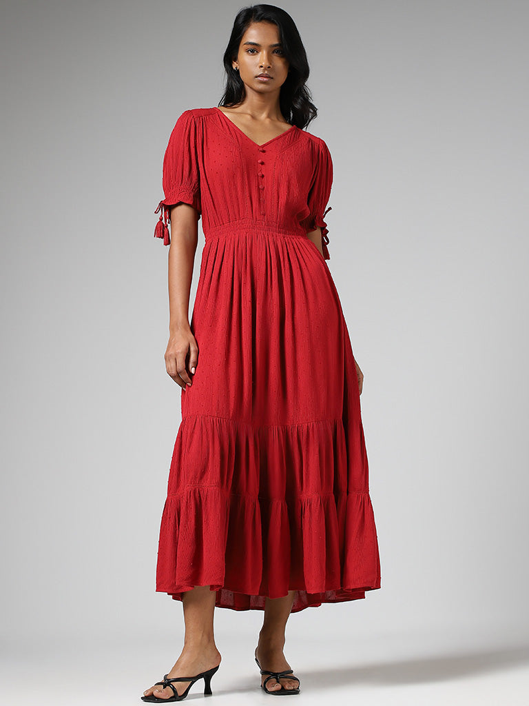 LOV Red Self-Patterned Tiered Dress