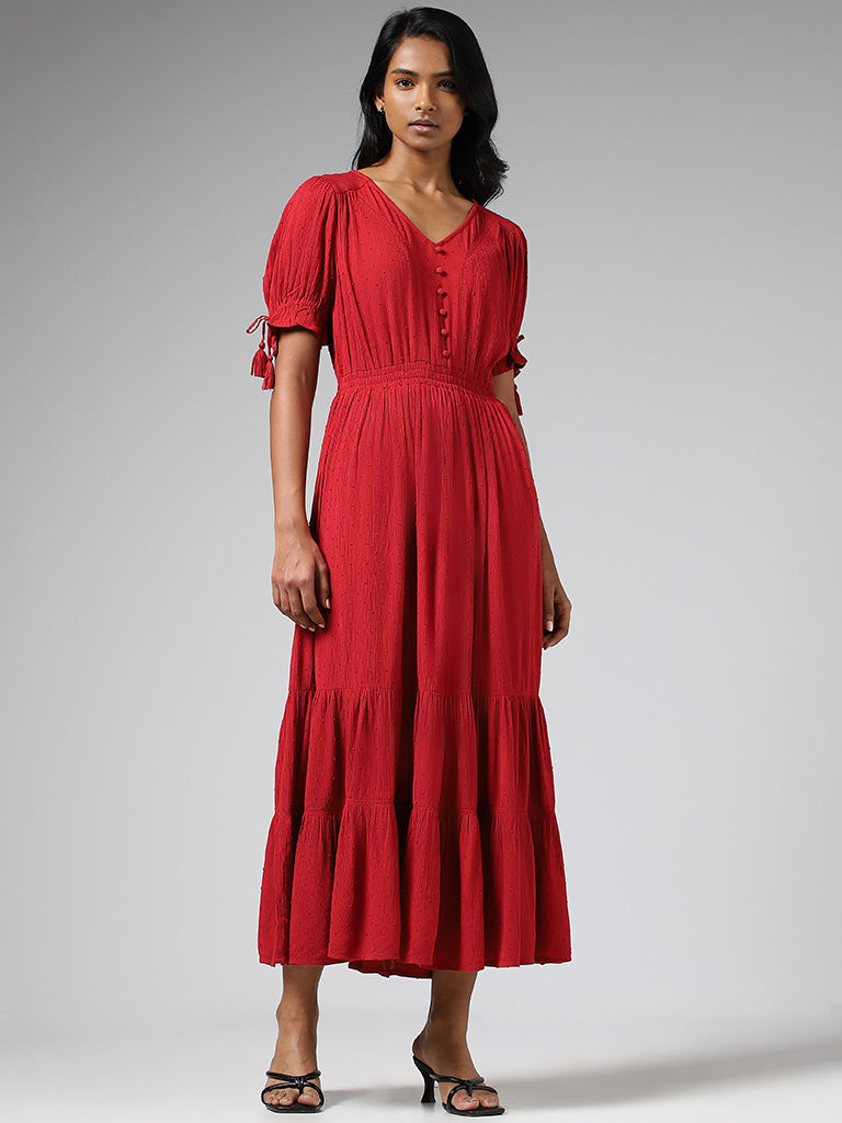 LOV Red Self-Patterned Tiered Dress