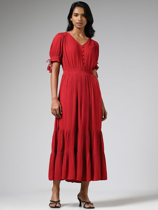 LOV Red Self-Patterned Tiered Dress