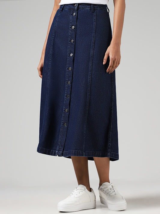 LOV Dark Blue Button Down Denim Skirt