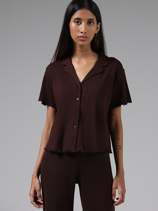 Superstar Dark Brown Ribbed Button Down Top