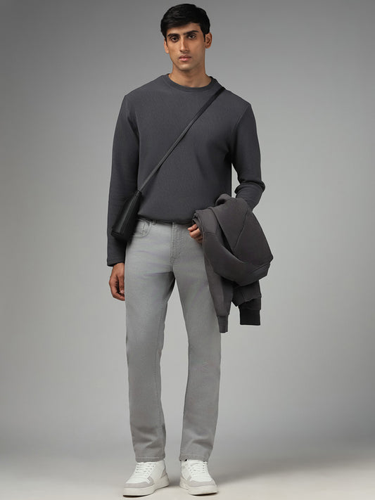 Ascot Dark Grey Self Striped Cotton Blend Relaxed Fit Sweatshirt