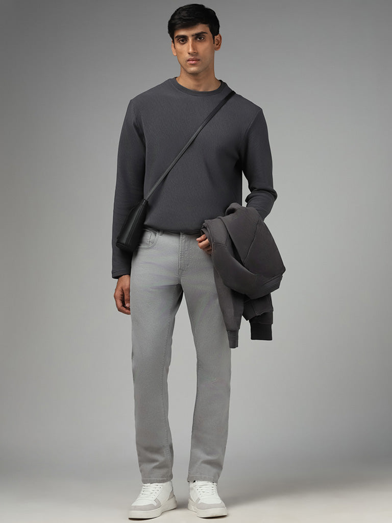 Ascot Dark Grey Self Striped Cotton Blend Relaxed-Fit Sweatshirt