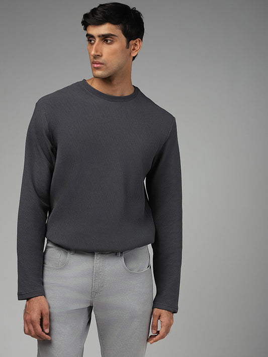 Ascot Dark Grey Self Striped Cotton Blend Relaxed Fit Sweatshirt