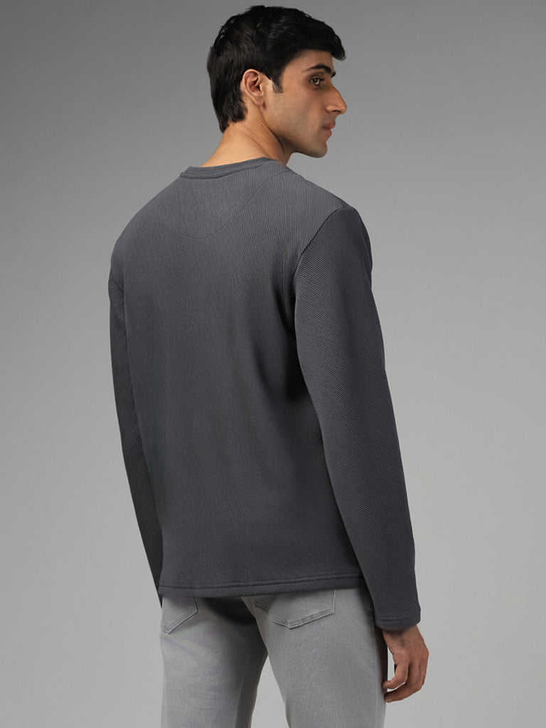 Ascot Dark Grey Self Striped Relaxed Fit Sweatshirt