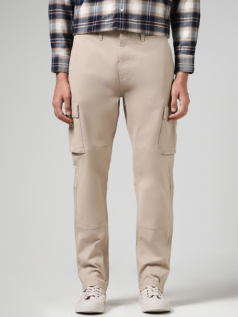 WES Casuals Solid Beige Cotton Blend Relaxed Fit Cargo Pants