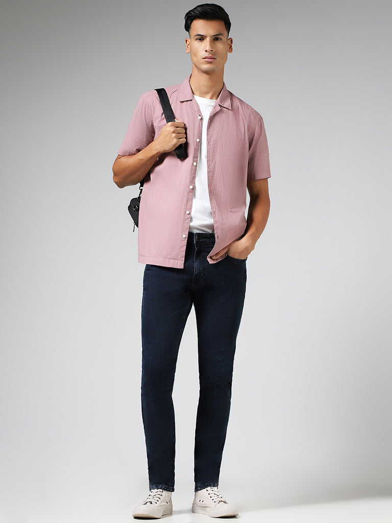 WES Casuals Solid Pink Relaxed Fit Crinkled Shirt
