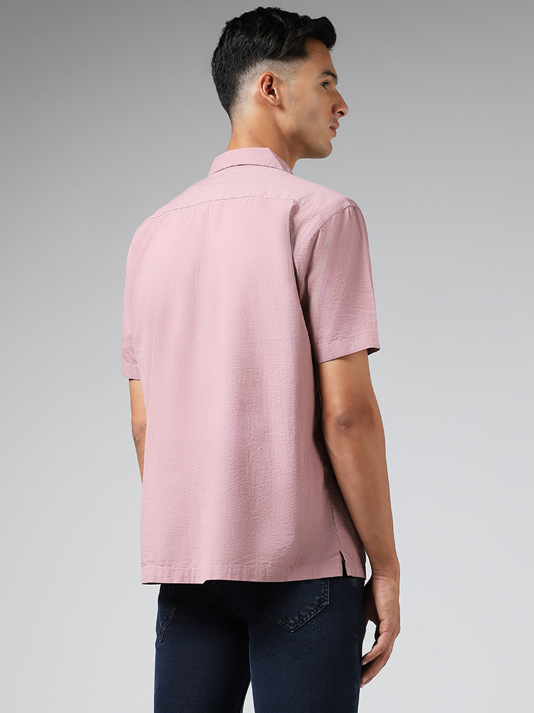 WES Casuals Solid Pink Relaxed Fit Crinkled Shirt