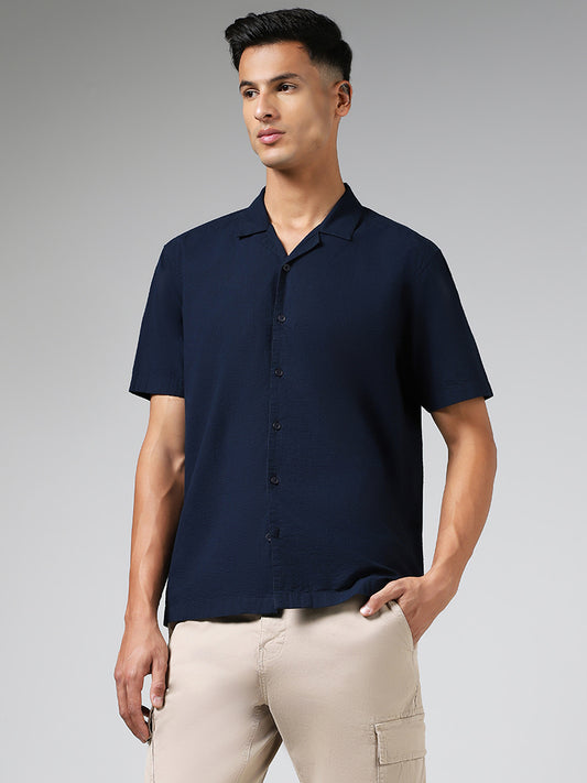 WES Casuals Solid Navy Relaxed Fit Crinkled Shirt