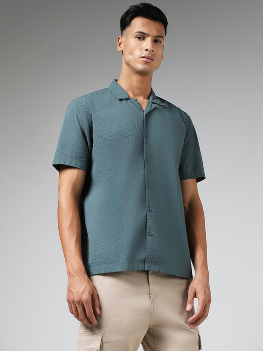 WES Casuals Solid Teal Cotton Relaxed-Fit Crinkled Shirt