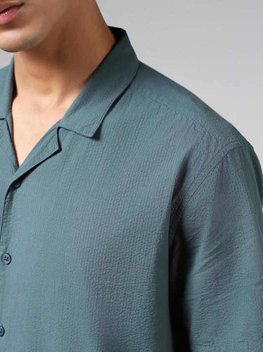 WES Casuals Solid Teal Cotton Relaxed-Fit Crinkled Shirt