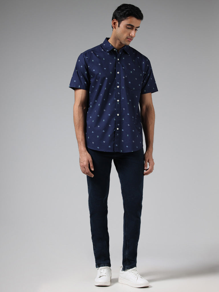 WES Casuals Navy Leaf Printed Cotton Relaxed Fit Shirt