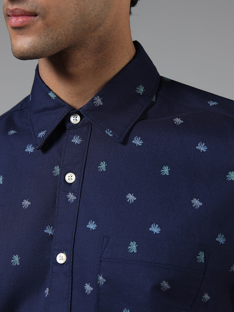 WES Casuals Navy Leaf Printed Cotton Relaxed Fit Shirt