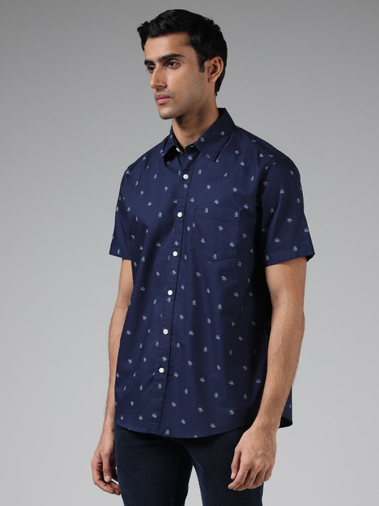 WES Casuals Navy Leaf Printed Cotton Relaxed Fit Shirt