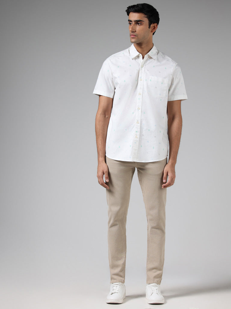 WES Casuals Off White Leaf Printed Cotton Relaxed Fit Shirt